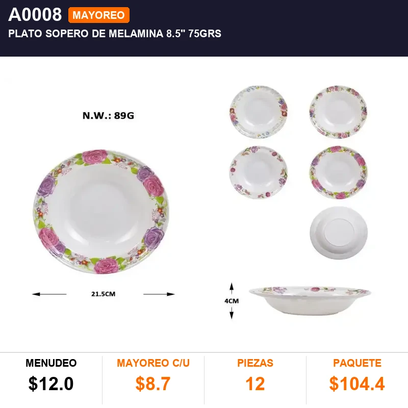 Plato sopero de melamina 8.5" 75grs - Pack x12