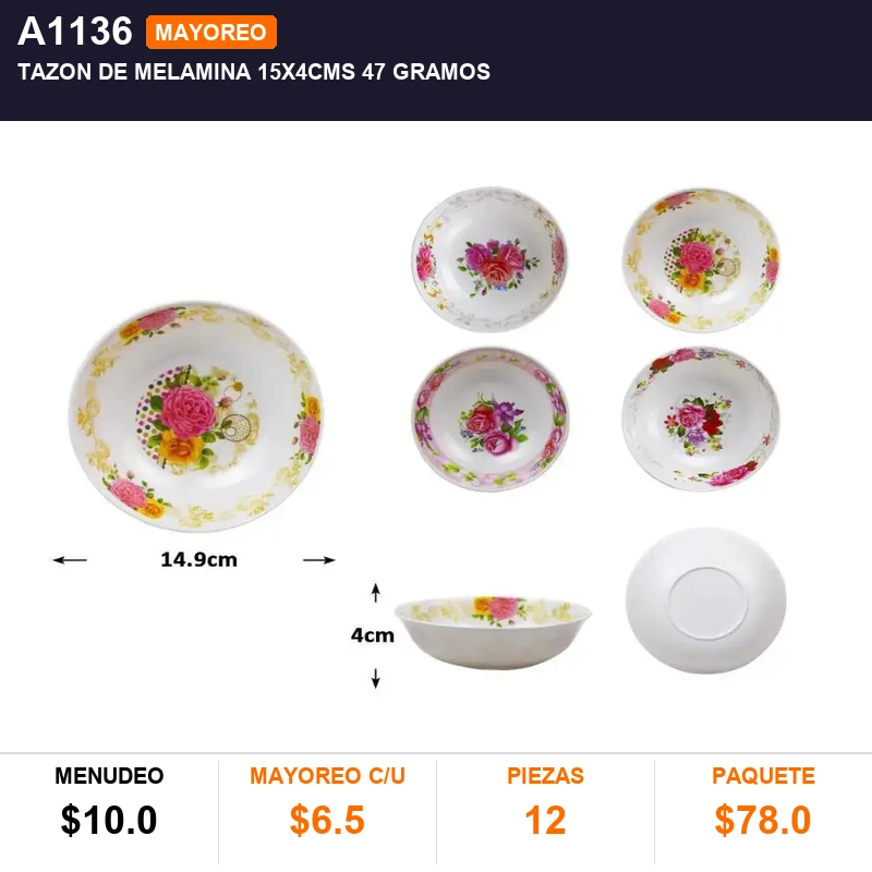 Tazon de melamina 15x4cms 47 gramos - Pack x12