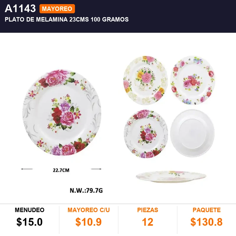 Plato de melamina 23cms 100 gramos - Pack x12