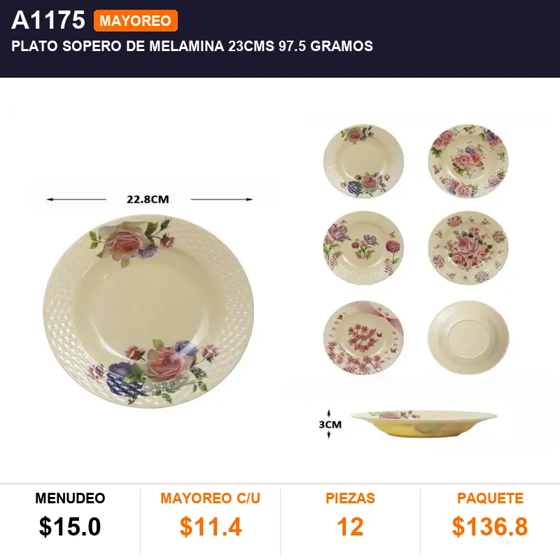 Plato sopero de melamina 23cms 97.5 gramos - Pack x12