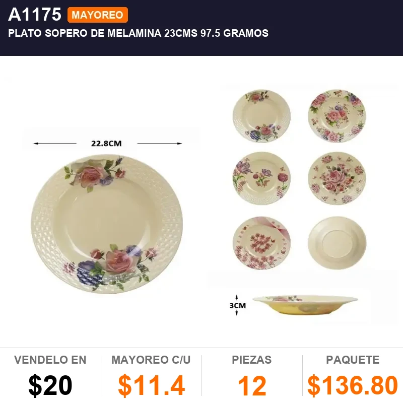 Plato sopero de melamina 23cms 97.5 gramos - Pack x12