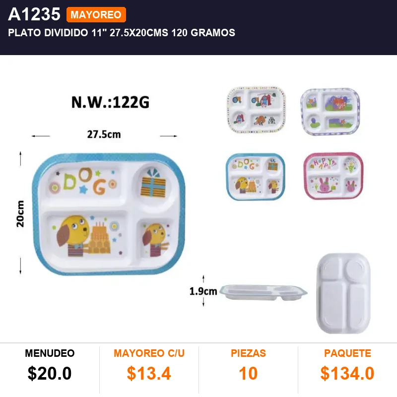 Plato dividido 11" 27.5x20cms 120 gramos - Pack x10