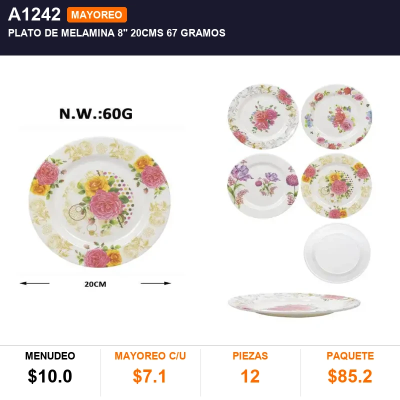 Plato de melamina 8" 20cms 67 gramos - Pack x12
