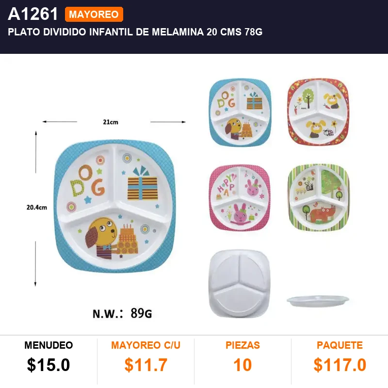 Plato dividido infantil de melamina 20 cms 78g - Pack x10