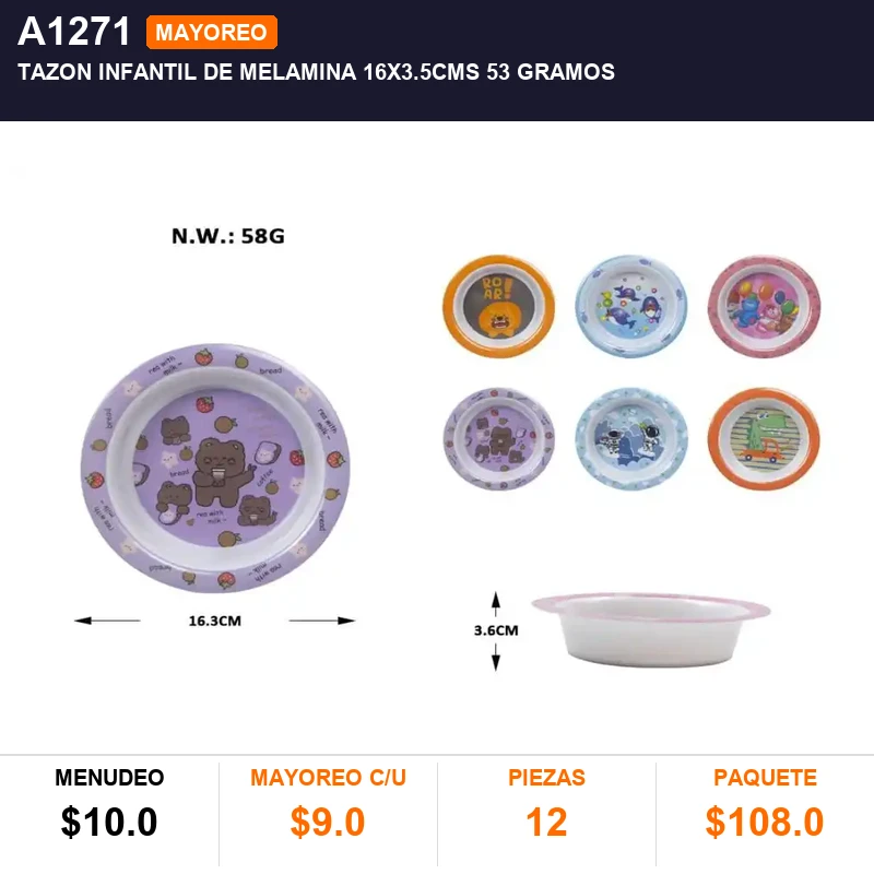 Tazon infantil de melamina 16x3.5cms 53 gramos - Pack x12