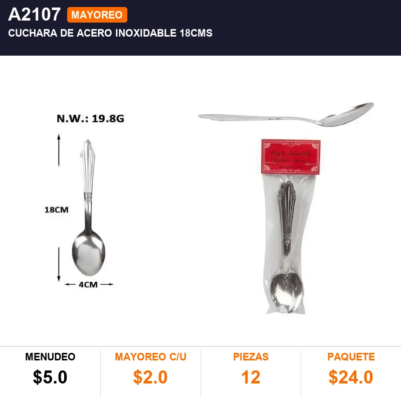 Cuchara de acero inoxidable 18cms - Pack x12