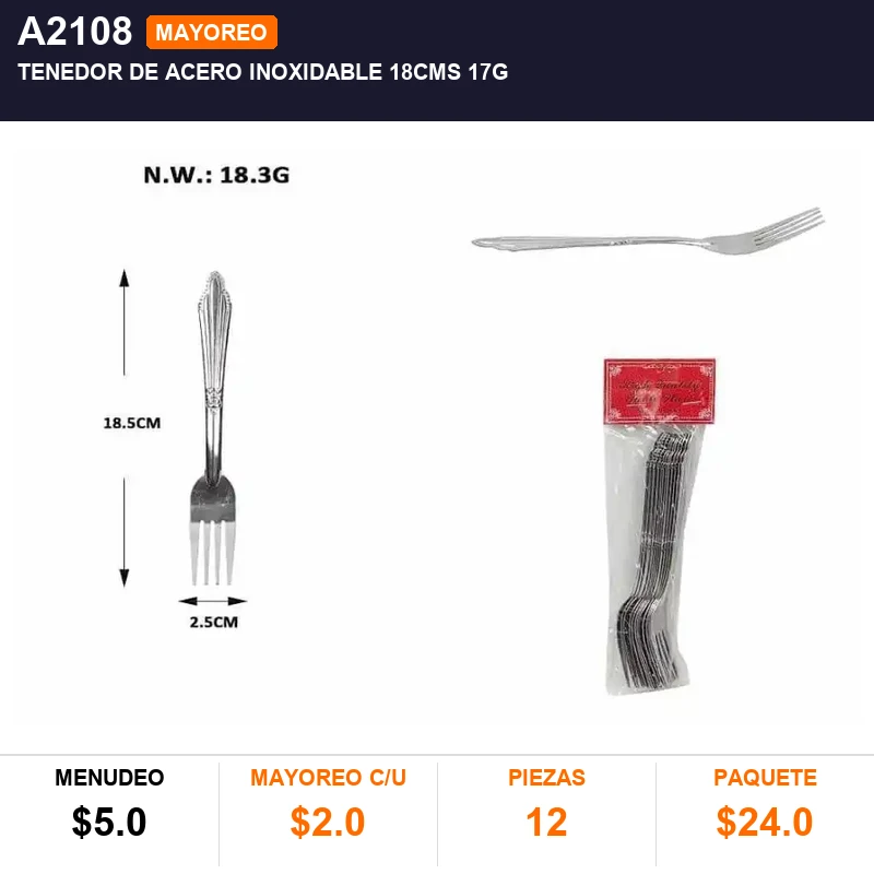 Tenedor de acero inoxidable 18CMS 17g - Pack x12