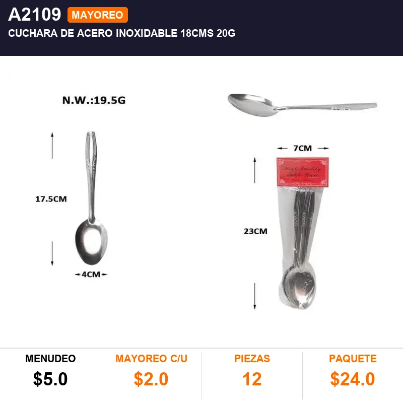 Cuchara de acero inoxidable 18cms 20g - Pack x12