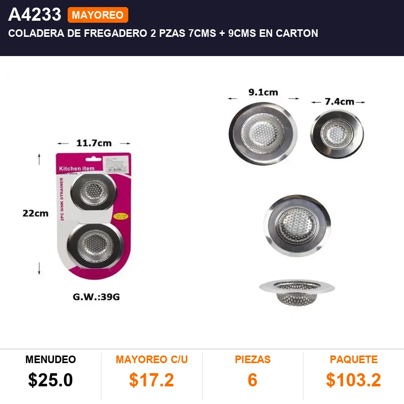 Coladera de fregadero 2 pzas 7cms + 9cms en carton - Pack x6