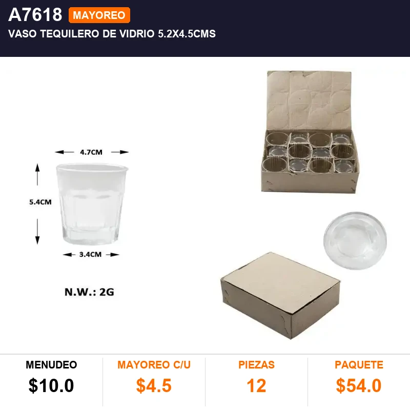 Vaso tequilero de vidrio 5.2x4.5cms - Pack x12