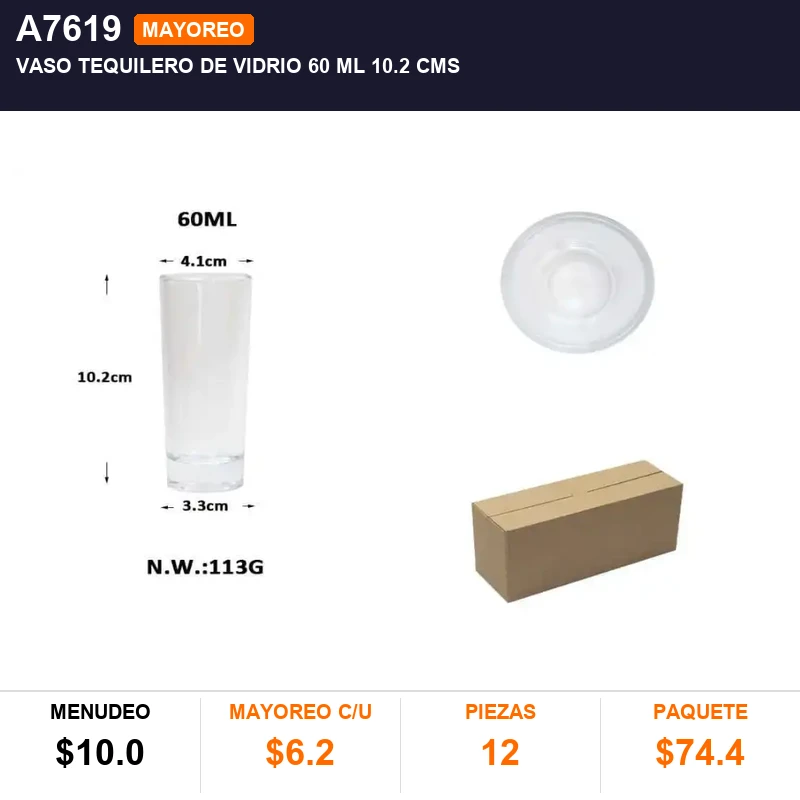 Vaso tequilero de vidrio 60 ml 10.2 cms - Pack x12