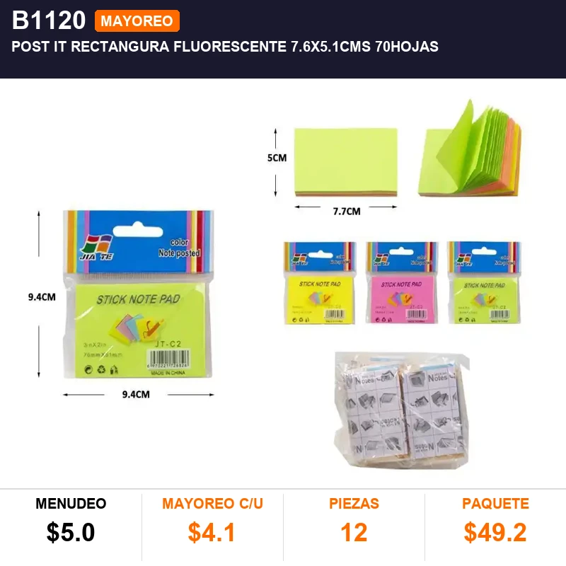 Post it rectangura  fluorescente 7.6x5.1cms 70hojas - Pack x12