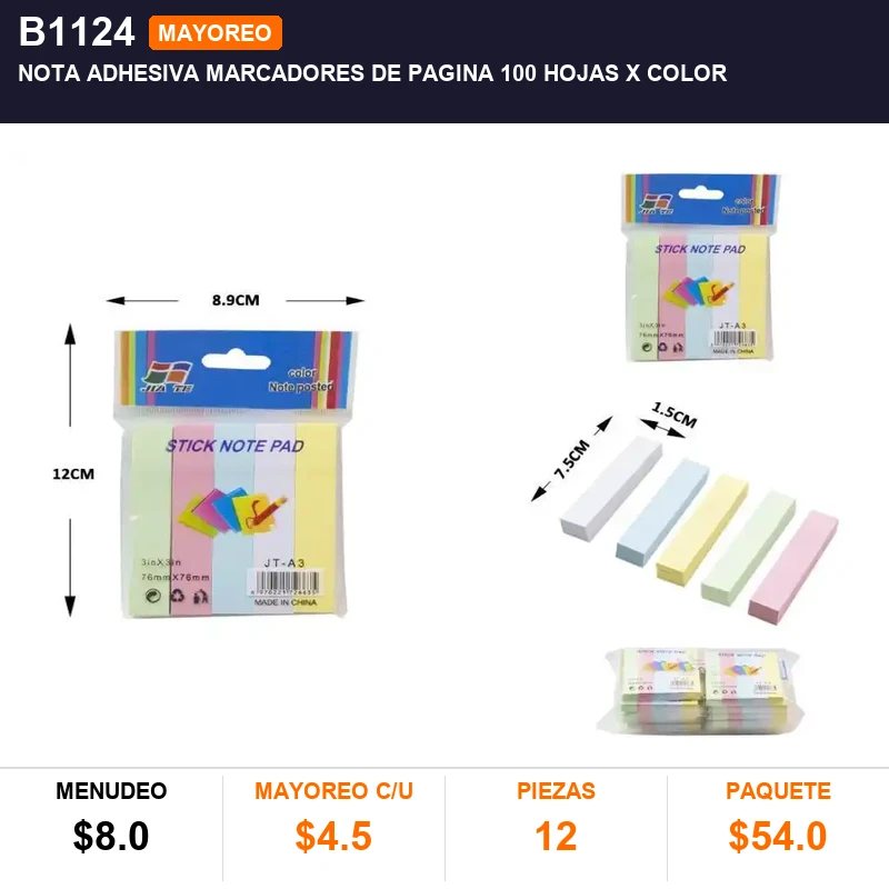 Nota adhesiva marcadores de pagina 100 hojas x color - Pack x12