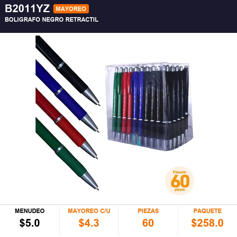 Boligrafo negro retractil - Pack x60