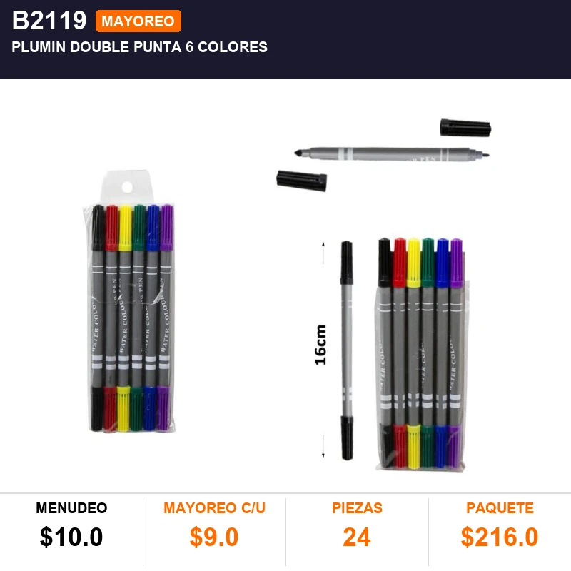 Plumin Double Punta 6 Colores - Pack x24