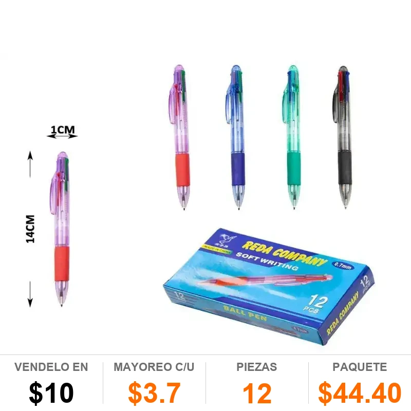 Pluma boligrafo 4 tintas - Pack x12