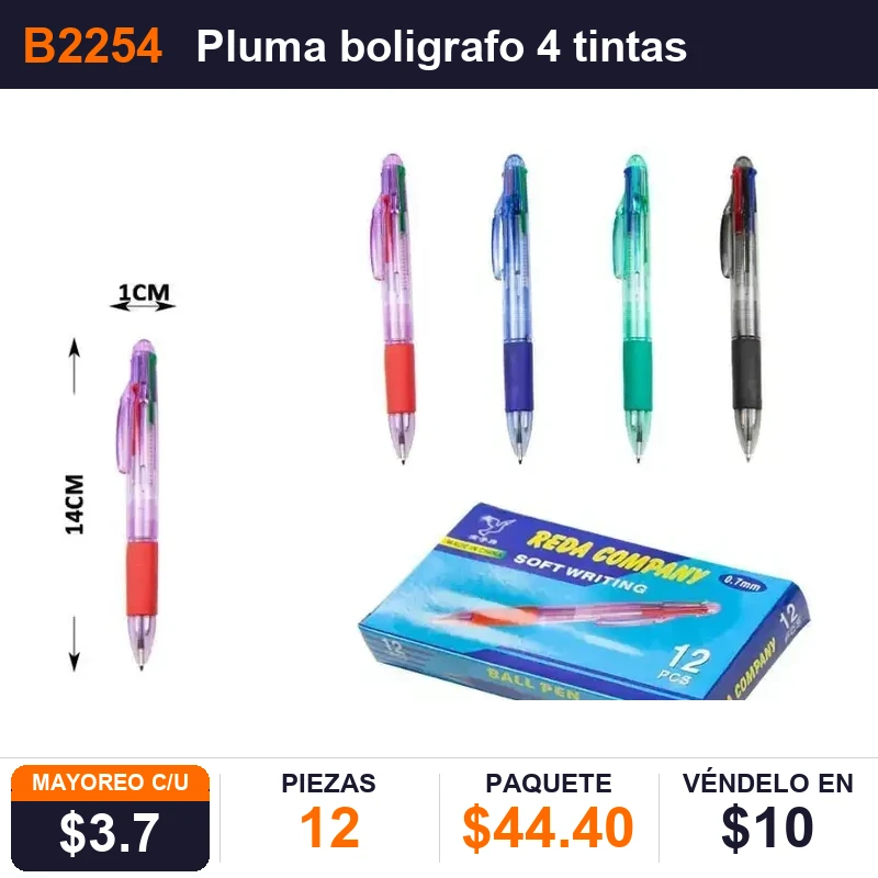 Pluma boligrafo 4 tintas - Pack x12