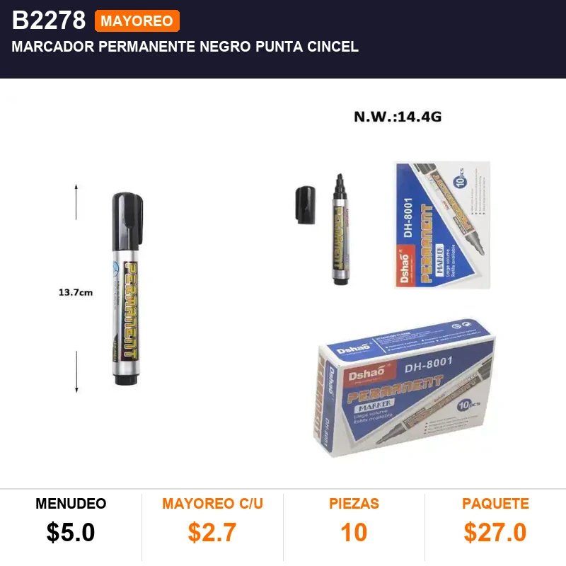 Marcador permanente negro punta cincel - Pack x10