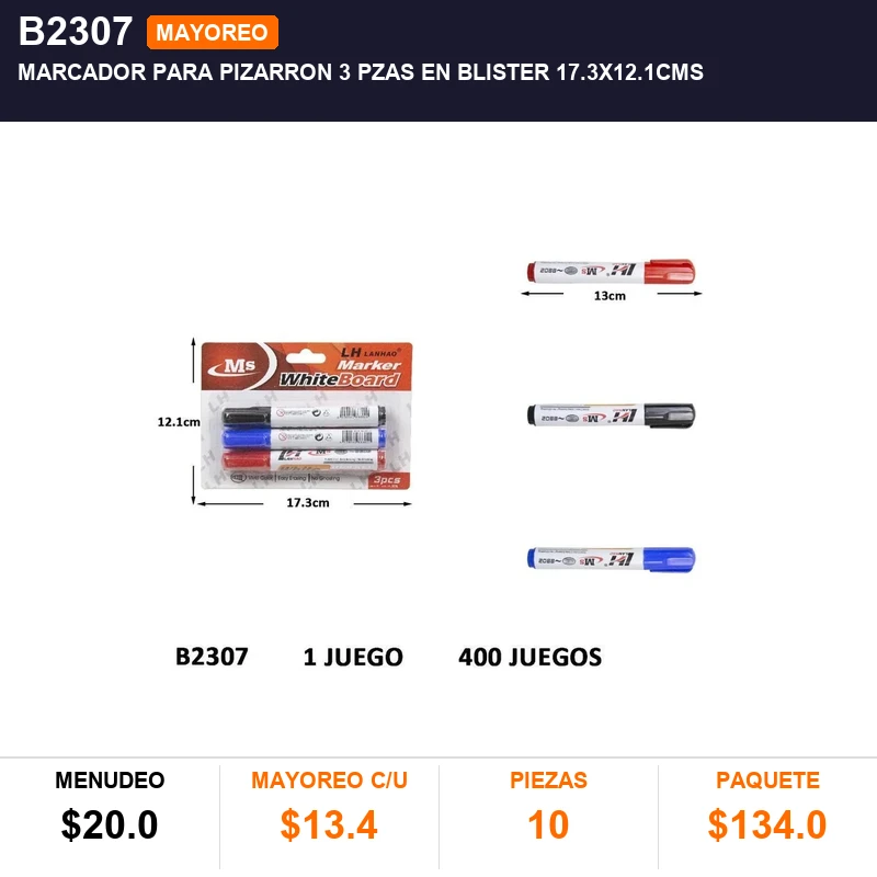 Marcador Para Pizarron 3 Pzas En Blister 17.3X12.1Cms - Pack x10