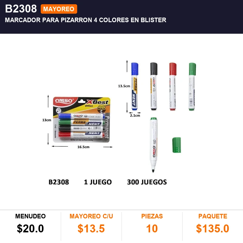 Marcador Para Pizarron 4 Colores En Blister - Pack x10