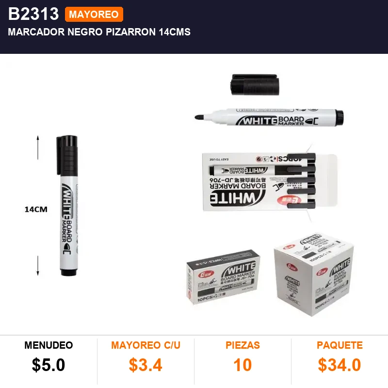 Marcador negro pizarron 14cms - Pack x10