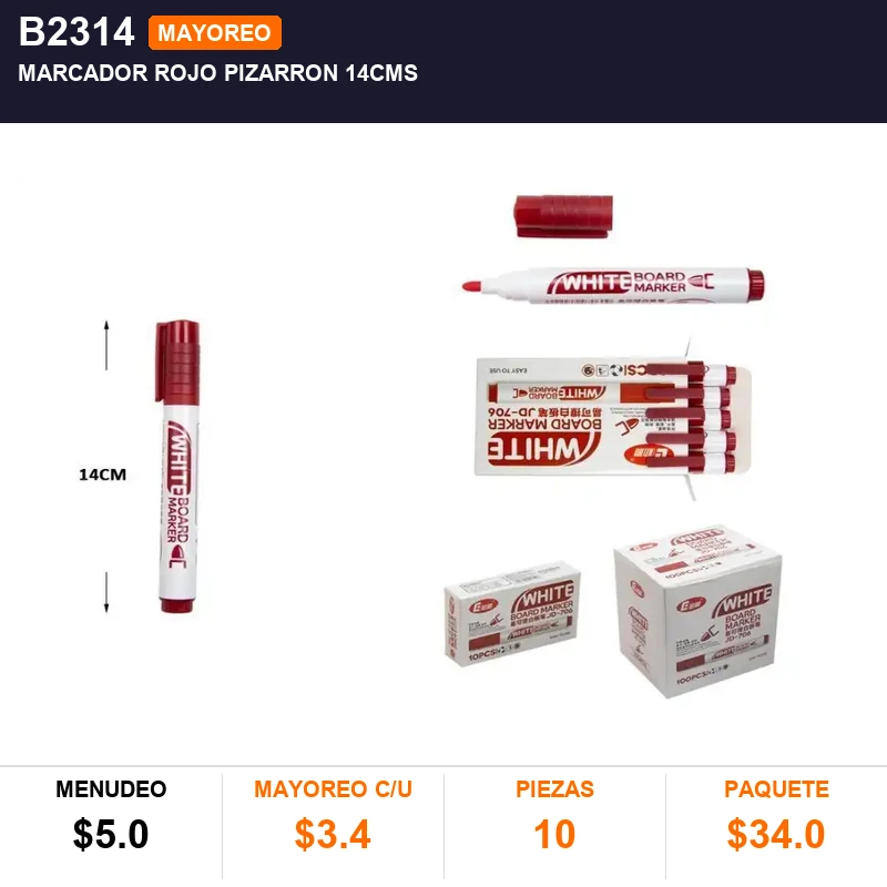 Marcador rojo pizarron 14cms - Pack x10