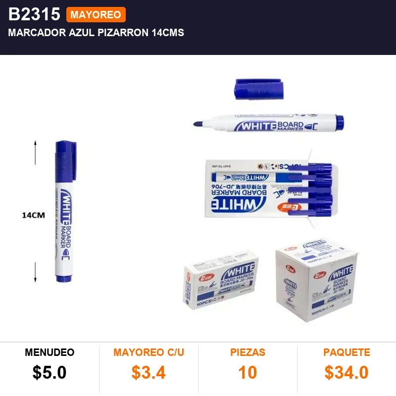 Marcador azul pizarron 14cms - Pack x10