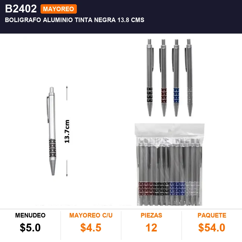 Boligrafo aluminio tinta negra 13.8 cms - Pack x12