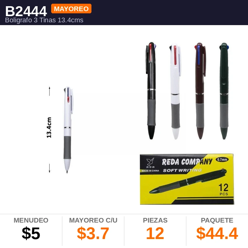 Boligrafo 3 Tinas 13.4Cms - Pack x12
