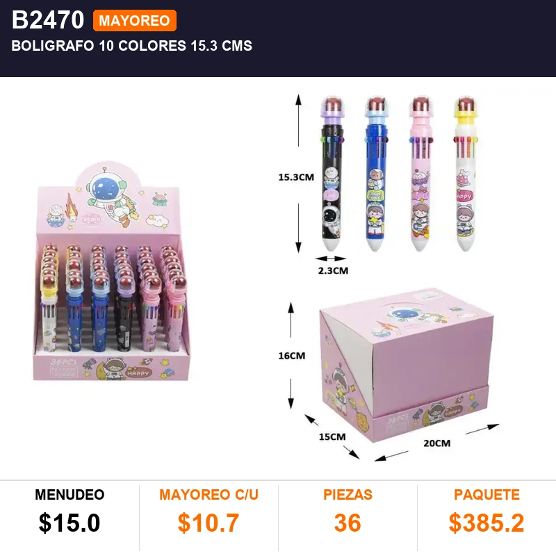 Boligrafo 10 colores 15.3 cms - Pack x36