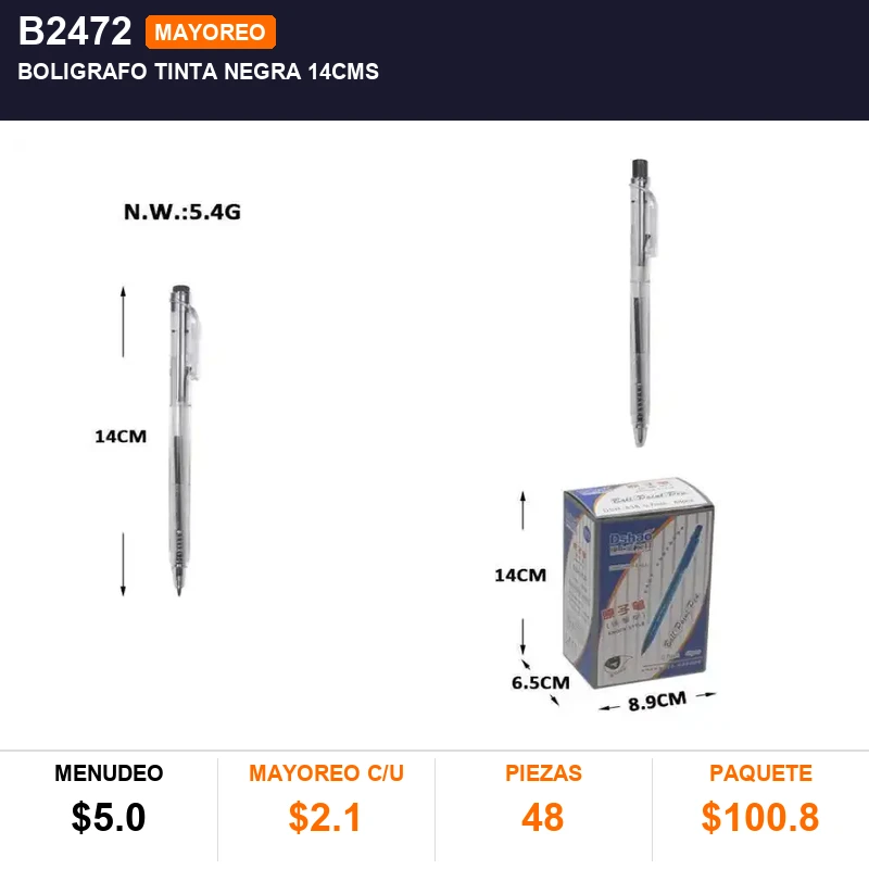 Boligrafo tinta negra 14cms - Pack x48
