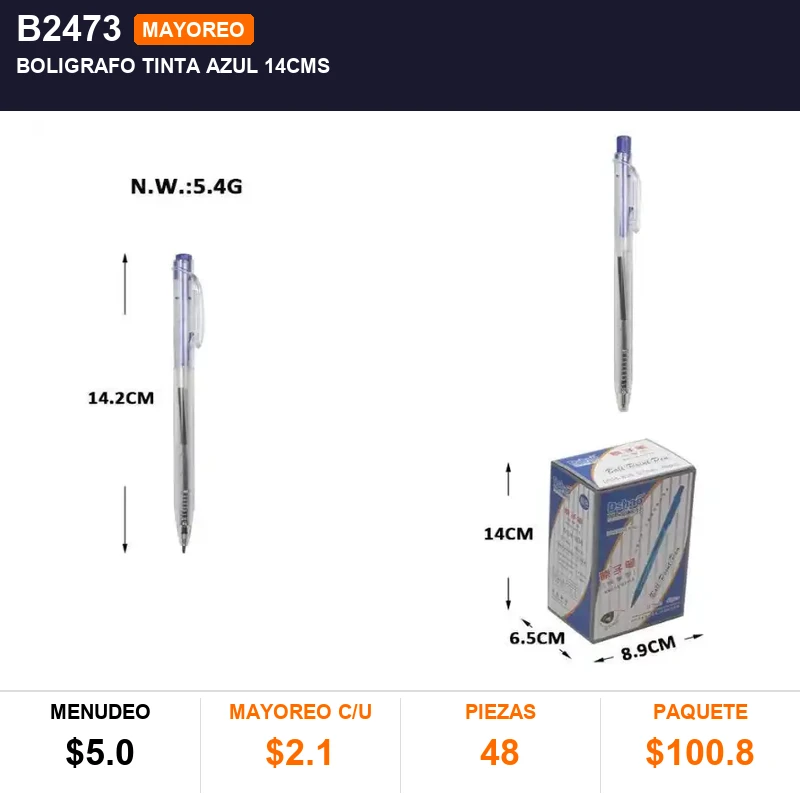 Boligrafo tinta azul 14cms - Pack x48