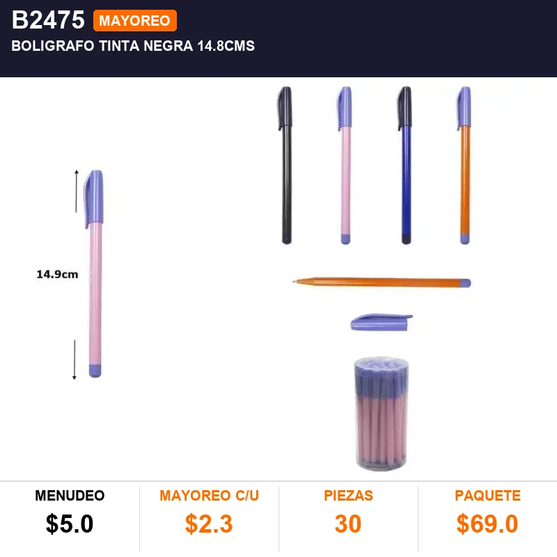 Boligrafo tinta negra 14.8cms - Pack x30
