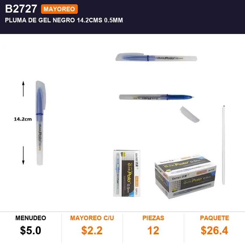 Pluma de gel negro 14.2CMS 0.5mm - Pack x12
