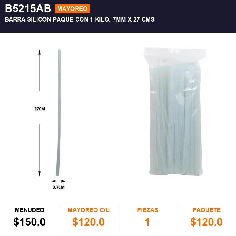 Barra de silicon paquete con 1 kilo, 7mm X 27 cms - Pack x1