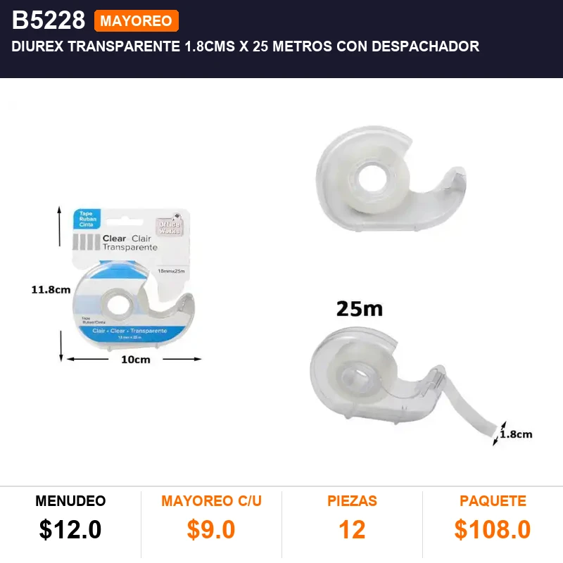 Diurex transparente 1.8cms x 25 metros con despachador - Pack x12