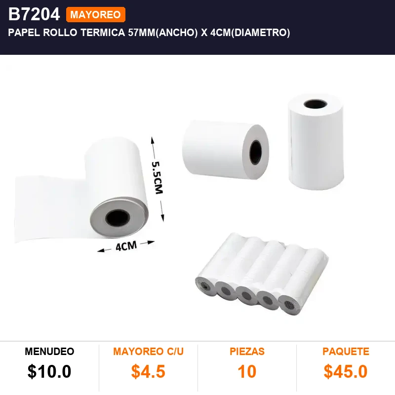 PAPEL ROLLO TERMICA 57mm(ancho)  X 4CM(diametro) - Pack x10