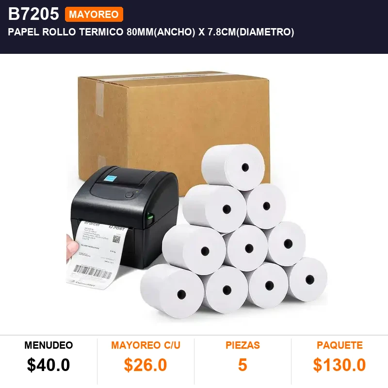 Papel rollo termico 80mm(ancho)  X 7.8CM(diametro) - Pack x5