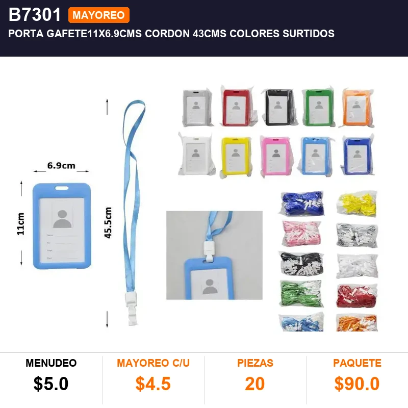 Porta gafete11x6.9cms cordon 43cms colores surtidos - Pack x20