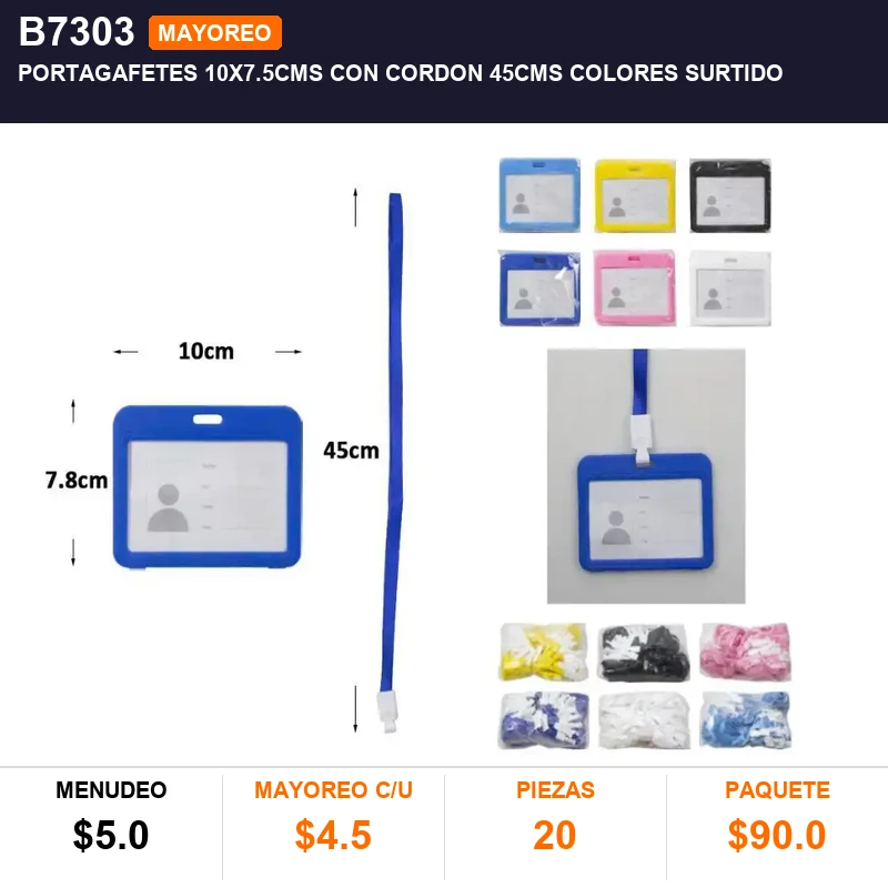 Portagafetes 10x7.5cms con cordon 45cms colores surtido - Pack x20