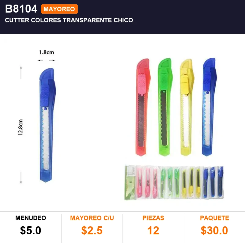 Cutter colores transparente chico - Pack x12