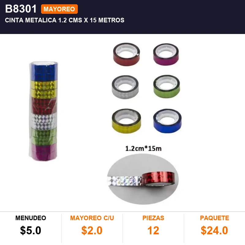 Cinta metalica 1.2 cms x 15 metros - Pack x12