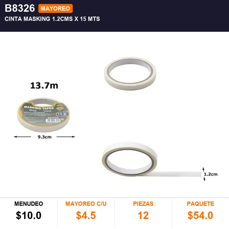 Cinta masking 1.2cms x 15 mts - Pack x12