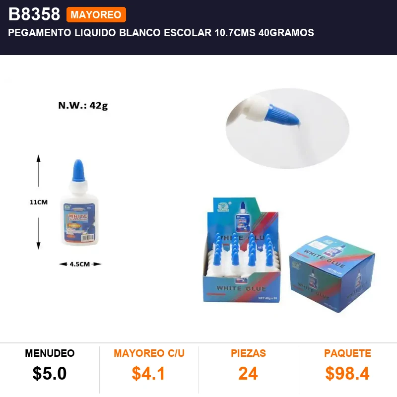 Pegamento liquido blanco escolar 10.7CMS 40gramos - Pack x24