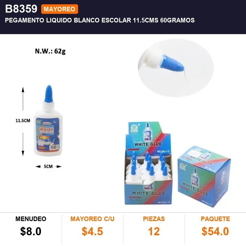 Pegamento liquido blanco escolar 11.5CMS 60gramos - Pack x12
