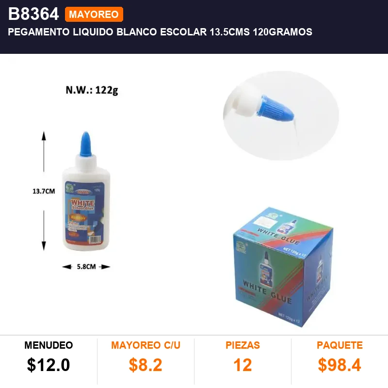 PEGAMENTO LIQUIDO BLANCO ESCOLAR 13.5CMS 120gramos - Pack x12