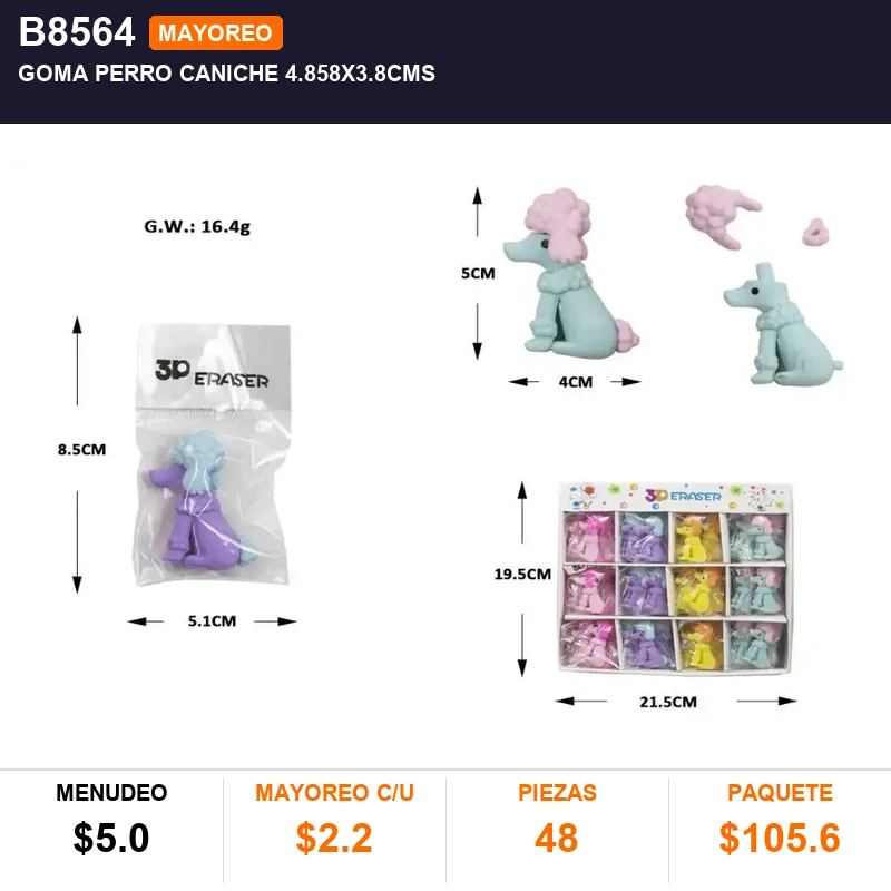Goma perro caniche 4.858x3.8cms - Pack x48