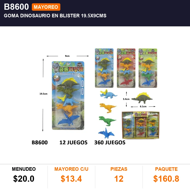 Goma Dinosaurio En Blister 19.5X9Cms - Pack x12
