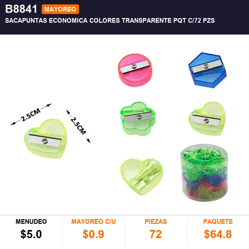 Sacapuntas economica colores transparente pqt c/72 pzs - Pack x72