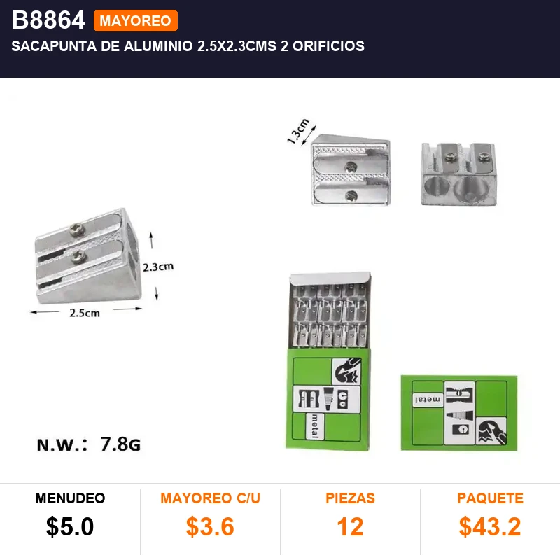 Sacapunta de aluminio 2.5x2.3cms 2 orificios - Pack x12